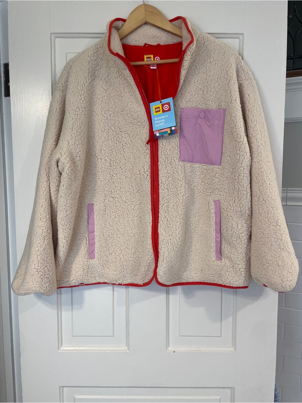 Lego Cream Sherpa Jacket with Pink and Red Trim